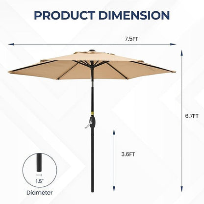 Wisteria Lane Outdoor Patio Umbrella, 7.5' Patio Umbrella, Market Umbrella, Large Outdoor Umbrella, Metal Pole Umbrella with Push Button Tilt and Crank, Polyester Canopy