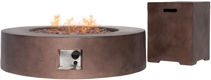 HOMPUS 2 Pcs Propane 42-inch Round Bronze Concrete Fire Table with Tank Cover, Lava Rocks and Rain Cover, 50,000 BTU Patio Fire Pit Table Set for Outdoor