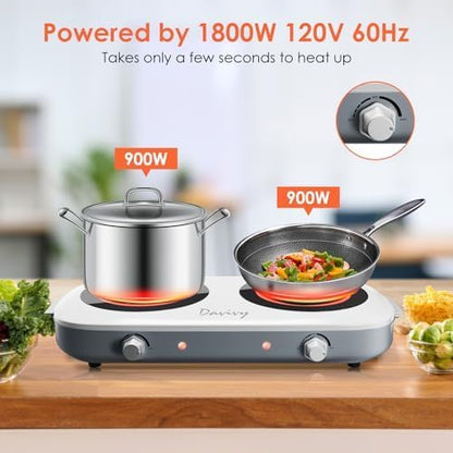Davivy Hot Plate Electric Double Burner,1800W Rapid Heating Portable Cooktop with 7.9inch Crystallite Ceramic Glass Top,Flexible Temperature Settings,Lightweight Design for Cooking (Double-White)