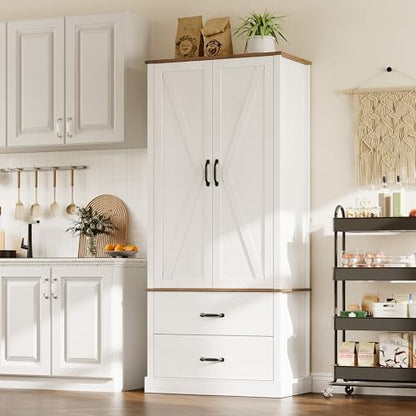 GarveeHome Kitchen Pantry Cabinet, Farmhouse Storage Cabinet with Barn Doors, Drawers and Adjustable Shelves, Versatile Storage for Kitchen, Dining Room, Rustic White