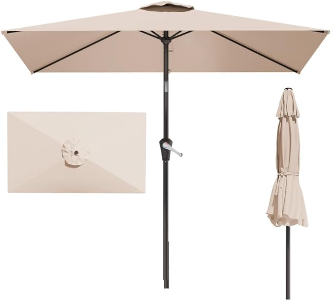 6.5' x 10' Rectangular Patio Umbrella Large Outdoor Market Umbrella w/UV Protection, Push Button Tilt and Crank Lift, Rectangle Table Umbrella for Garden, Deck, Pool, Patio, Beige