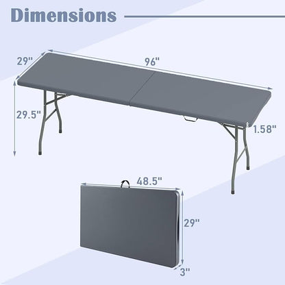 Tangkula 8 FT Folding Table, Indoor Outdoor Foldable Plastic Table | HDPE Tabletop, Sturdy Metal Fame, Carrying Handle, Heavy Duty, Portable ,Fold-in-Half, for Picnic, Camping, BBQ, Party