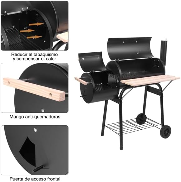44" Barrel Smoker Grill, Oil Drum Charcoal Barbecue Grill, High-Temp Paint (500-600°C), Outdoor Cooking Grills Smoker Combo Heavy Duty, Black Steel Backyard Grilling Equipment for Camping Patio