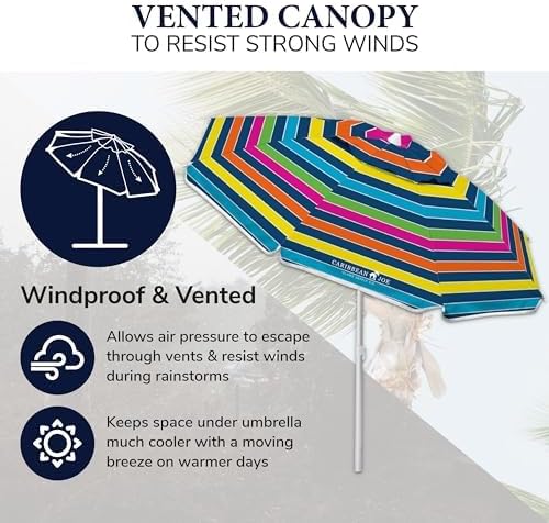 Caribbean Joe Beach Umbrella, Portable and Adjustable Tilt Sun Umbrella with UV Protection, Vented Canopy, Full 6.5 ft Arc