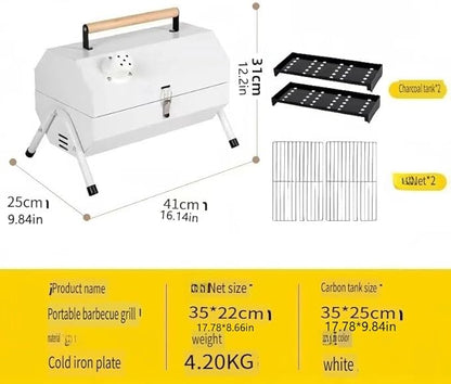 Portable Charcoal BBQ Grill, 16.7x11.4x11.6 inches, Foldable Steel Construction with Ash Pan, Smokeless Design for Camping and Outdoor Cooking (Octagonal oven [White])