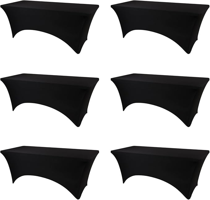 BDDC 6ft Black Stretch Spandex Fitted Table Cloth for 6 Foot Tables | GRS-Certified Eco-Friendly Fabric, Elastic Fit Rectangle Tablecloth, Washable, Wrinkle-Free, For Events & Parties