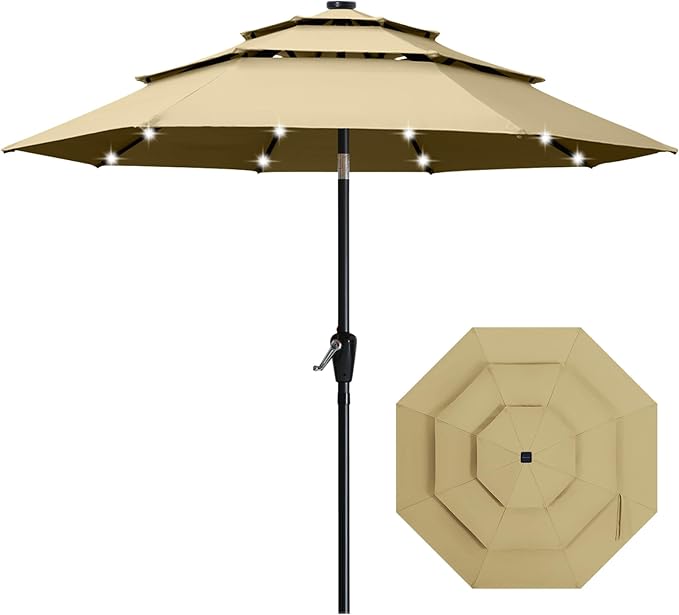 ABCCANOPY 3-Tiers 10FT Solar Patio Umbrella, Outdoor Umbrella with 32 LED Lights for for Deck, Pool, Garden, Backyard (Khaki)