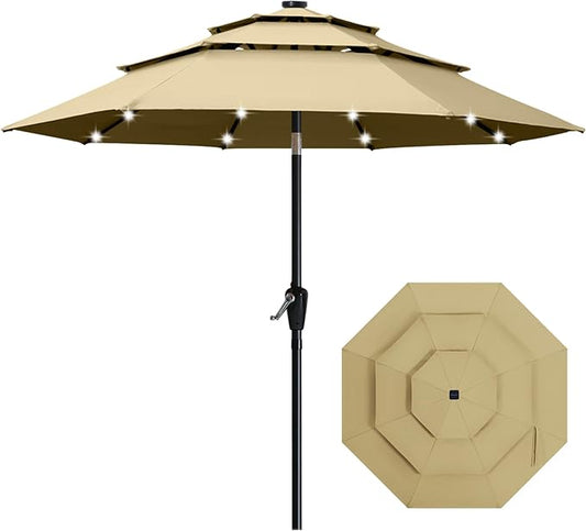 ABCCANOPY 3-Tiers 10FT Solar Patio Umbrella, Outdoor Umbrella with 32 LED Lights for for Deck, Pool, Garden, Backyard (Khaki)