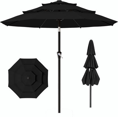 AreShark 9ft 3-Tier Patio Umbrellas, Outdoor Umbrella with 8 Sturdy Ribs UV Protection Windproof, Market Table Umbrella w/Push Button Tilt & Crank for Pool, Porch, Deck, Garden(Black)