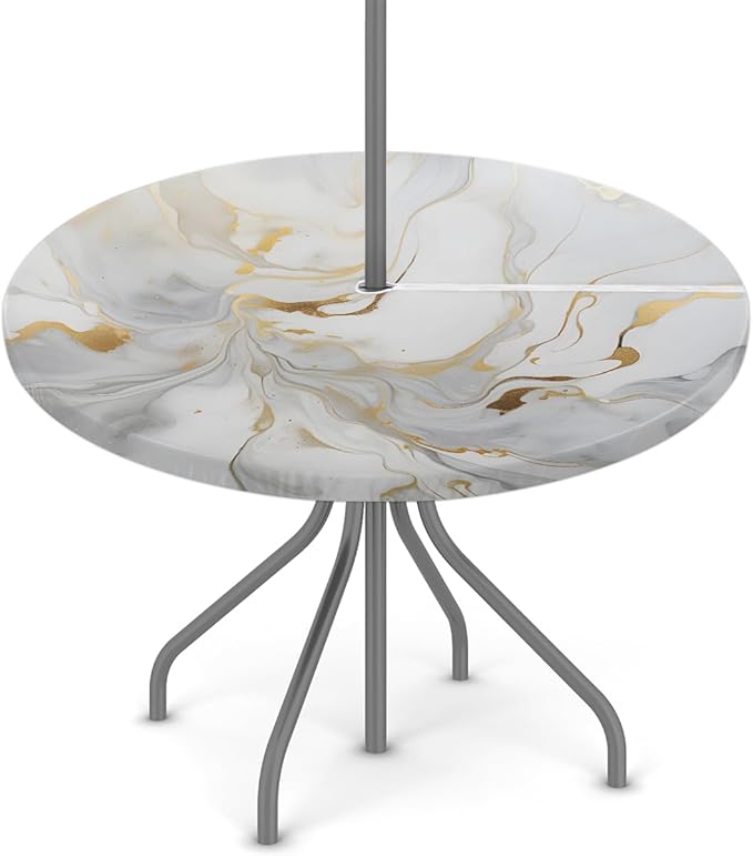 Fitted Round Tablecloth with Umbrella Hole and Zipper Marble Liquid Texture Outdoor Elastic Table Cloth 45"-56" Oil-Proof Waterproof White Gold Marble Patio Table Cover for Party Outdoor