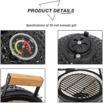 Portable Charcoal Grill 13" - Heavy-Duty Outdoor BBQ with Thermometer & Dual Access Doors, Perfect for Camping, Beach, Garden, Patio & Backyard - Black