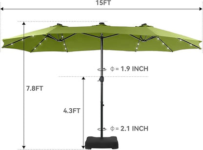 GREEN PARTY 15 ft Large Outdoor Patio Umbrella with Solar Led Lights & Base Included, Double-Sided Rectangular Table Umbrella with Stand, Market Umbrellas for Deck Poolside Garden Backyard, Lime Green