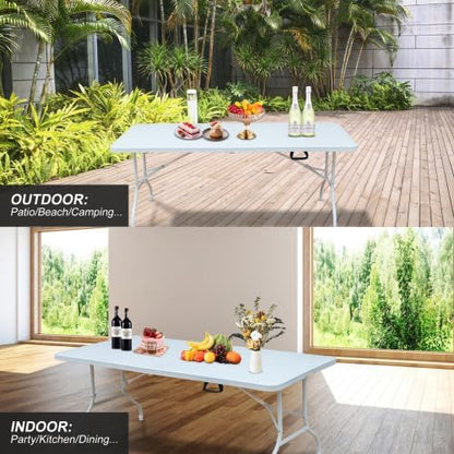 IDEALHOUSE 6 Ft Plastic Folding Table, Portable Fold-in-Half Table with Iron Legs, Carrying Handle, Outdoor Rectangular Fold Out Table for Dining, Picnic, Party, Camping, Barbecues, White