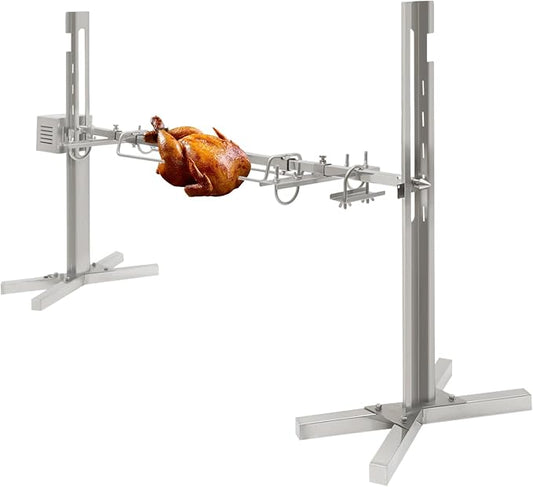 56-Inch BBQ Rotisserie Kit, Stainless Steel BBQ Rotisserie with 5 Height Adjustments, 360° Motorized Spit for Outdoor Camping, 88lbs Capacity, Portable Grill Stand