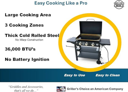 Griller's Choice Gas Griddle with Hinged Hood, Wind Guards, Front Grease Management, 4 Shelves, Propane Griddle for Flattop Grills Outdoor Cooking