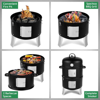 Vertical Steel Charcoal Smoker, Heavy Duty Double Layer Round BBQ Grill for Outdoor Cooking, Black (Vertical 3 Tier Smoker)
