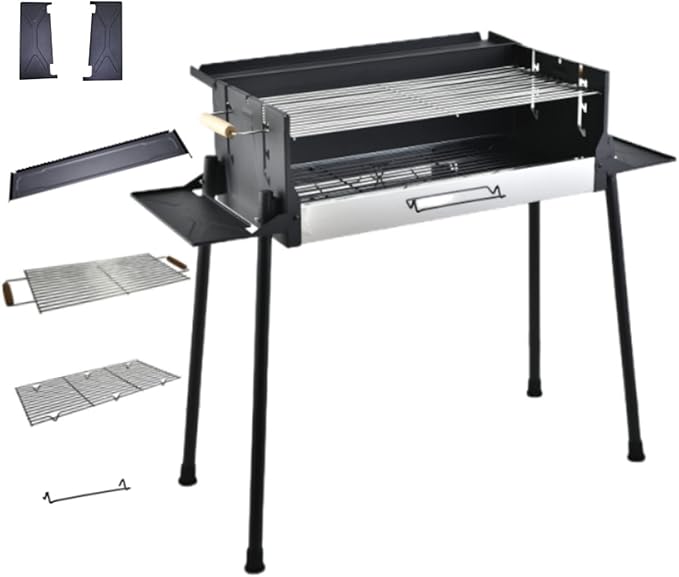 Charcoal Grills Portable Foldable Metal BBQ Grill with Foldable Storage Shelf Adjustable Temp Holds 150KG Camping Barbecue Grill for Garden Backyard Party Picnic Travel Outdoor Cooking Bla