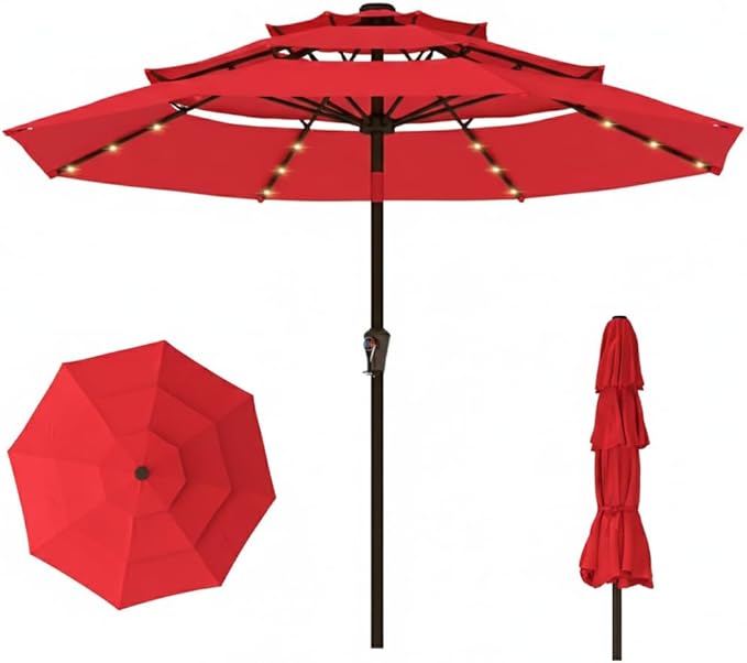 10ft 3-Tier Patio Umbrella with 32 Solar Powered LED Lights, Windproof Outdoor Market Umbrella for Deck, Poolside & Garden, Sturdy Push-Button Tilt Table Umbrella, Red