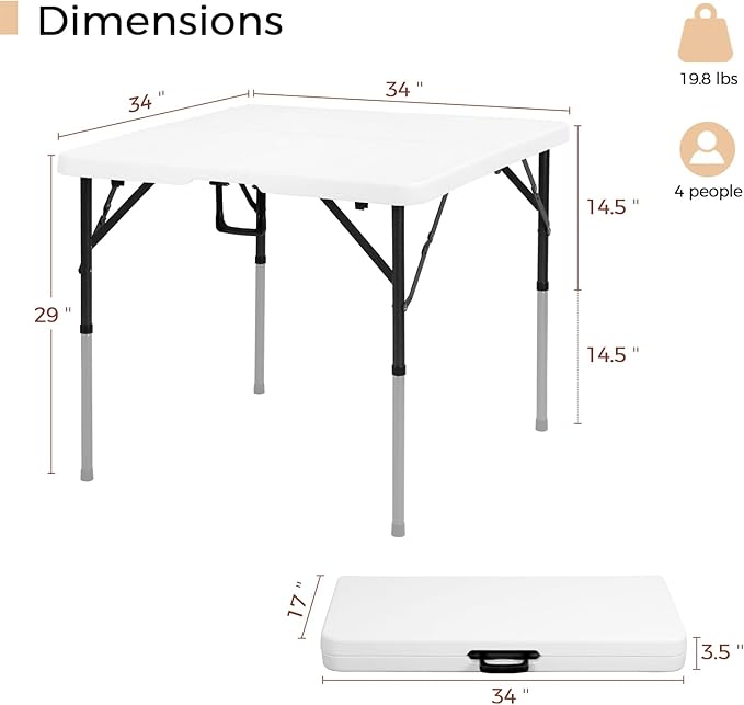 pollilar 34" Folding Card Table Square Foldable Table Plastic Portable with Detachable Legs, Dual Height Adjustable, Heavy-Duty Indoor Outdoor Dining, Game, Picnic, Mahjong Tables-White