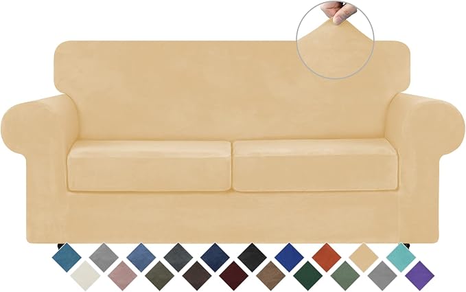 WEERRW Velvet Stretch 3 Pieces Couch Cover for Sofa Washable, Champagne | Love Seat Couch Covers for 2 Cushion Couch Sofa Furniture Protector slipcoves with Elastic Bottom for Kids, Medium