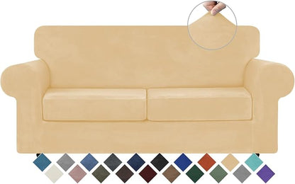 WEERRW Velvet Stretch 3 Pieces Couch Cover for Sofa Washable, Champagne | Love Seat Couch Covers for 2 Cushion Couch Sofa Furniture Protector slipcoves with Elastic Bottom for Kids, Medium