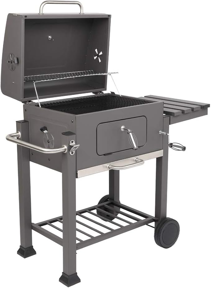 BBQ Charcoal Grill,Portable Barbecue Grill with Thermometer, Ash Tray, Air Outlet,Wheels,for Outdoor Picnic, Camping, Patio Backyard Balcony Cooking, Black