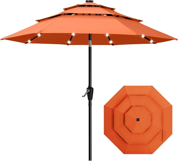 ABCCANOPY 3-Tiers 11FT Solar Patio Umbrella, Outdoor Umbrella with 32 LED Lights for for Deck, Pool, Garden, Backyard (Orange)