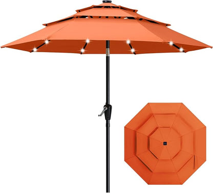 ABCCANOPY 3-Tiers 11FT Solar Patio Umbrella, Outdoor Umbrella with 32 LED Lights for for Deck, Pool, Garden, Backyard (Orange)