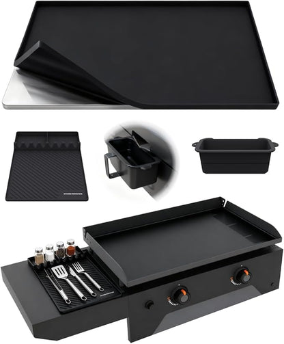 KITCHEN PERFECTION Ultimate Kit for Blackstone Griddle 28 Inch - Silicone Griddle Cover Mat + Griddle Accessories Mat + 2 PCS Silicone Grease Cup Liners Hermetic Protection from Rust & Debris All Year