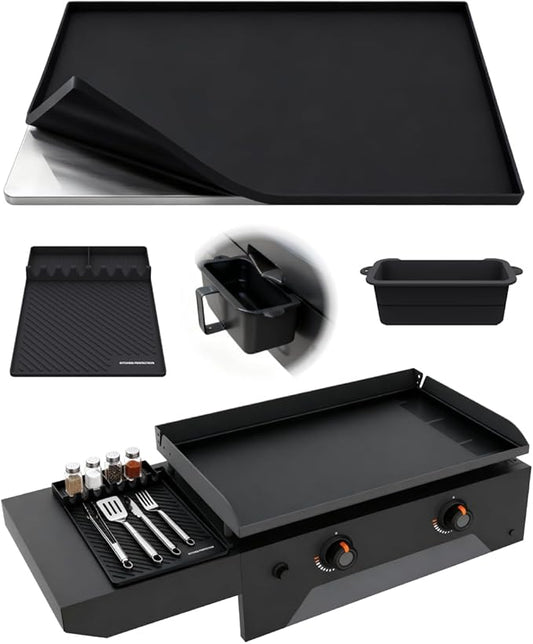 KITCHEN PERFECTION Ultimate Kit for Blackstone Griddle 28 Inch - Silicone Griddle Cover Mat + Griddle Accessories Mat + 2 PCS Silicone Grease Cup Liners Hermetic Protection from Rust & Debris All Year