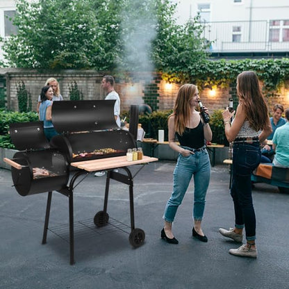 Black 44 Inch Charcoal Grill, BBQ Grill Oven, Heavy-Duty Drum Bbq With Side Box, Portable Outdoor Barbecue Cooker On Wheels for Backyard, Camping, Tailgating Party, Backyard Barbecue