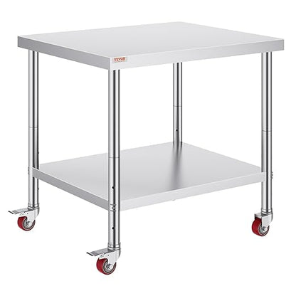 Vevor 30x36x34 Inch Stainless Steel Work Table 3-Stage Adjustable Shelf with 4 Wheels Heavy Duty Commercial Food Prep Worktable with Brake for Kitchen Prep Work