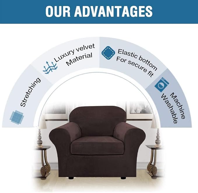 H.VERSAILTEX Rich Velvet Stretch 2 Piece Cover Chair Slipcover Sofa Cover Furniture Protector Couch Soft with Elastic Bottom Chair Couch Cover with Arms Width Up to 49 Inch(Chair,Brown)