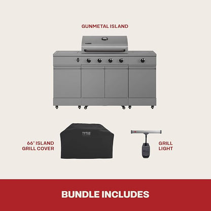 Tytus Fresno 5-Burner Propane or Natural Gas Island Grill – 864 sq. in. Cooking, 48,000 BTU Main + 12,000 BTU Side Burner, Porcelain Grates, Storage Cabinets, Semi-Portable - All Gunmetal Starter Kit