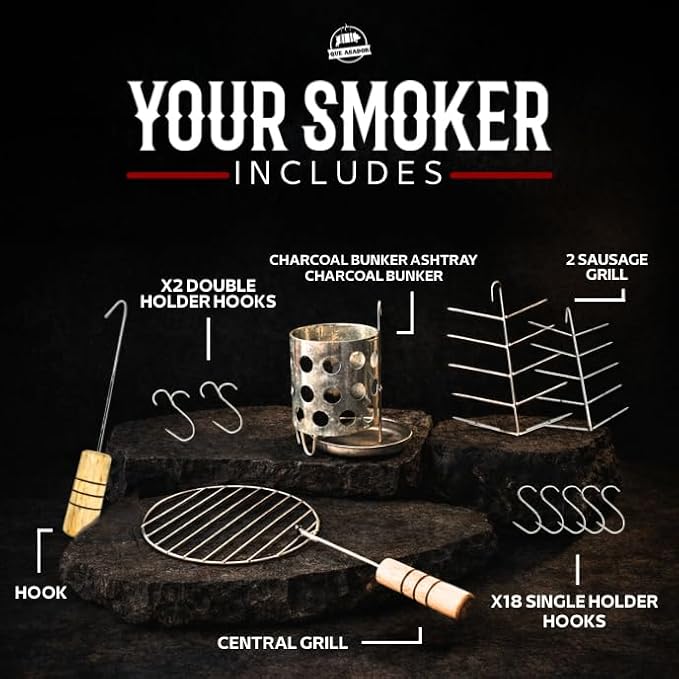 (50 Pound) 2-in-1 Smoker Barrel Vertical Grill - Premium 304 Stainless Steel - Big Barril Charcoal BBQ Thermometer & Ventilation - Cooking Accessories Meat Kit - Portable Outdoor, Camping - QUE ASADOR