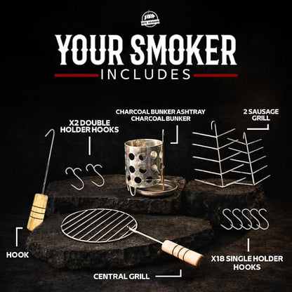 (50 Pound) 2-in-1 Smoker Barrel Vertical Grill - Premium 304 Stainless Steel - Big Barril Charcoal BBQ Thermometer & Ventilation - Cooking Accessories Meat Kit - Portable Outdoor, Camping - QUE ASADOR
