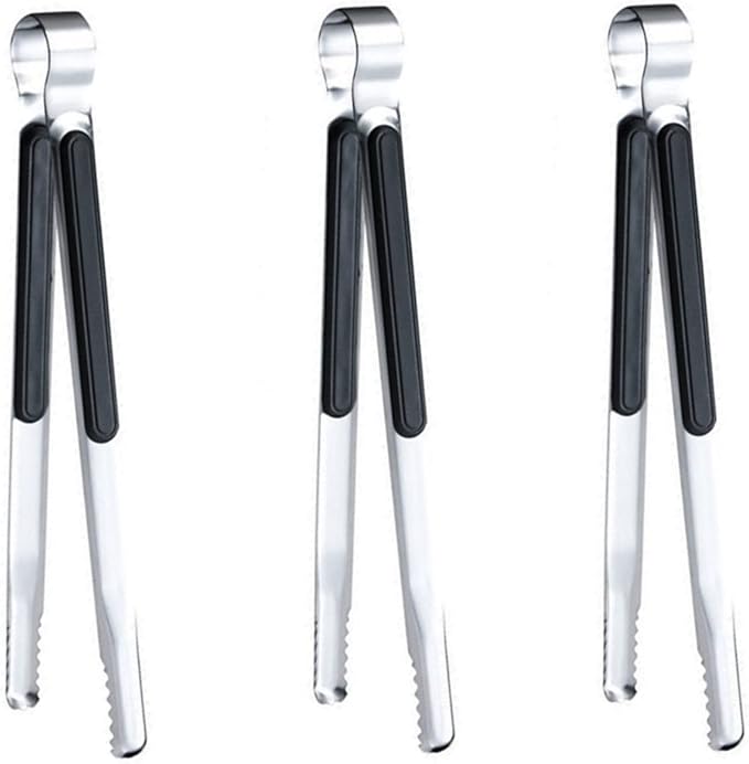 3 Pcs Korean BBQ Tongs, Barbecue & Grill Tools, Kitchen Tongs, Stainless Steel Heavy Duty for Cooking, Meat Clip, Bread Clip, Ice Tongs (Black)