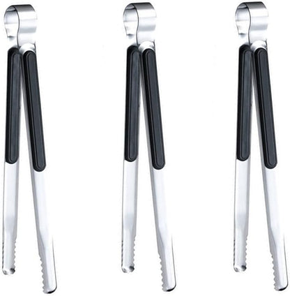 3 Pcs Korean BBQ Tongs, Barbecue & Grill Tools, Kitchen Tongs, Stainless Steel Heavy Duty for Cooking, Meat Clip, Bread Clip, Ice Tongs (Black)