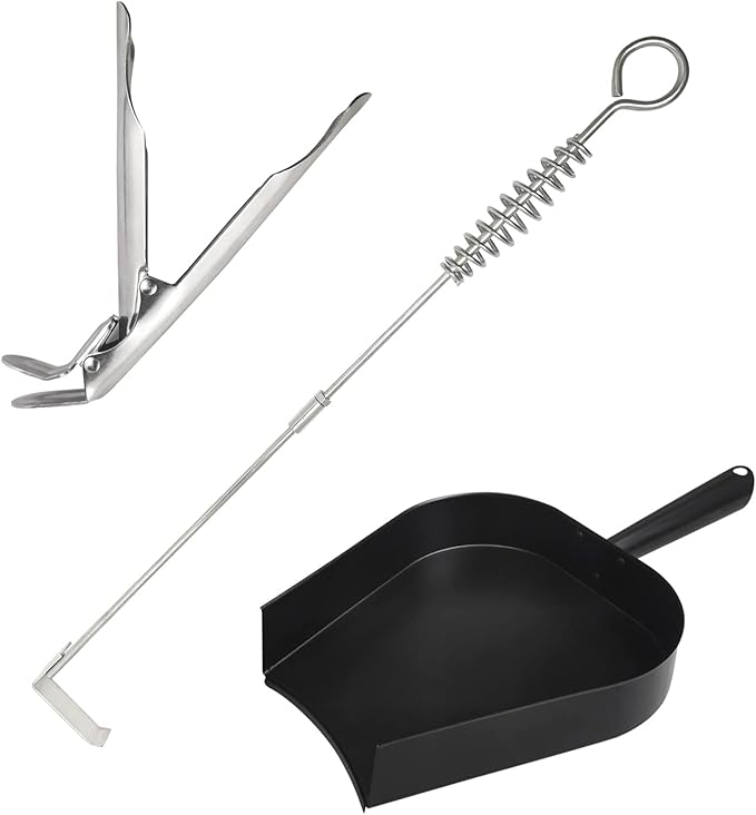BBQ Ash Removal Tool Set for Big Green Egg Accessories, Kamado Grill Cleaning Tools Include Ash Rake and Ash Pan and Grill Grate Lifter(AT+AP+GG)