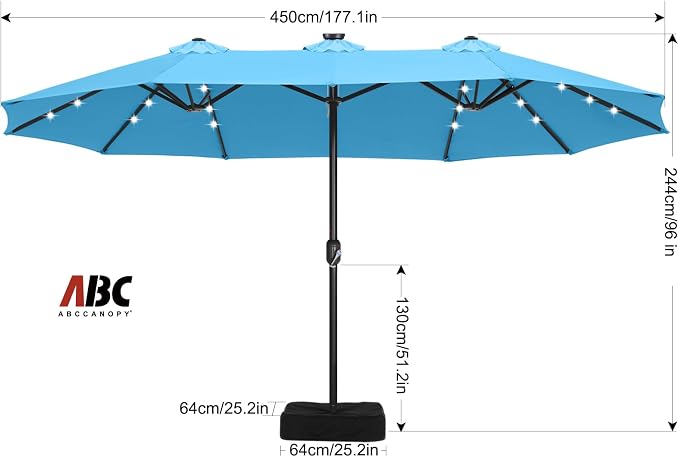 ABCCANOPY 15FT Solar LED Double-Sided Umbrella with Base, Turquoise | Rectangular Outdoor Table Umbrella with Crank, Heavy Duty Market Umbrella Shade for Garden,Poolside, Lawn, Backyard