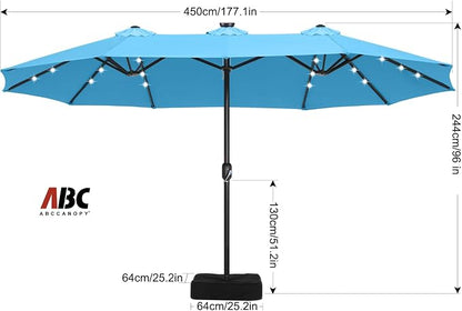 ABCCANOPY 15FT Solar LED Double-Sided Umbrella with Base, Turquoise | Rectangular Outdoor Table Umbrella with Crank, Heavy Duty Market Umbrella Shade for Garden,Poolside, Lawn, Backyard