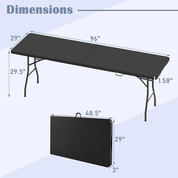 Tangkula 8 FT Folding Table, Indoor Outdoor Foldable Plastic Table | HDPE Tabletop, Sturdy Metal Fame, Carrying Handle, Heavy Duty, Portable ,Fold-in-Half, for Picnic, Camping, BBQ, Party