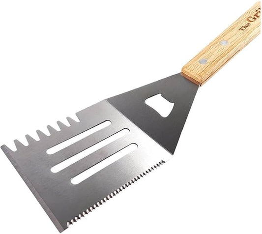 Grill-de-Beast 6-in-1 Stainless Steel Spatula with Engraved Wood Handle – Ultimate Grilling Tool for Burgers, Steaks, Veggies & More!