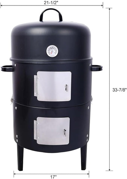 Portable Charcoal Grill, 17" Round Charcoal Barbecue Grill with 2 Cooking Area, and Thermometer Heavy Duty Outdoor Vertical Steel Charcoal Smoking Grill for Outdoor Camping Picnic Backyard