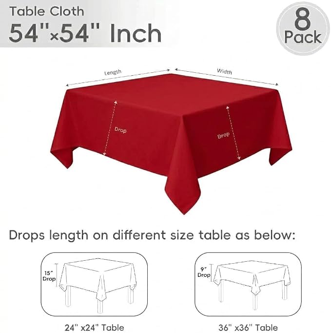 8 Pack Red Square Tablecloth 54x54 Washable Polyester Table Cloth for Square or Round Tables, Wrinkle Resistant Fabric Decorative Covers for Dining Party Banquet Buffet and Wedding