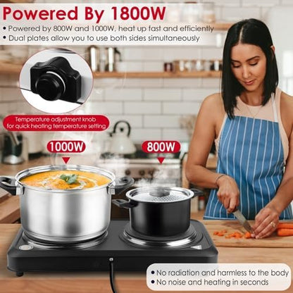 1800W Portable Dual Burner Heating Stove, Countertop RV Stove with 7.5" & 6.3" Glass Cooktop, Stepless Temperature Adjustment