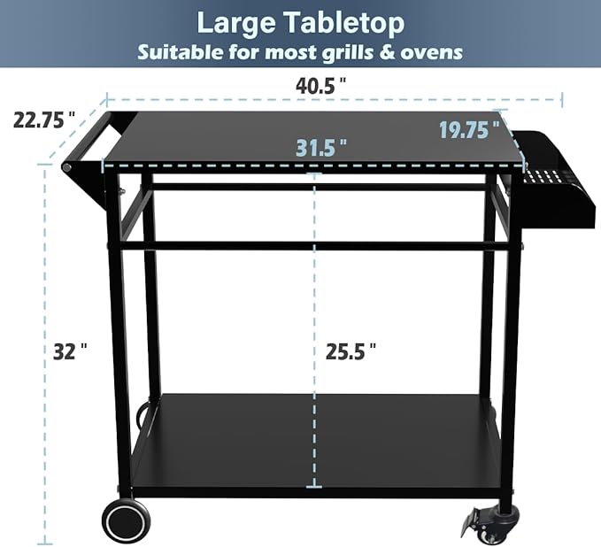 Koutemie Outdoor Grill Cart Table with 4 Wheels for Blackstone 17" or 22", Movable BBQ Food Prep Table Top, Double-Shelf Metal Pizza Oven Worktable with Spice Tray for Patio, Backyard, Black