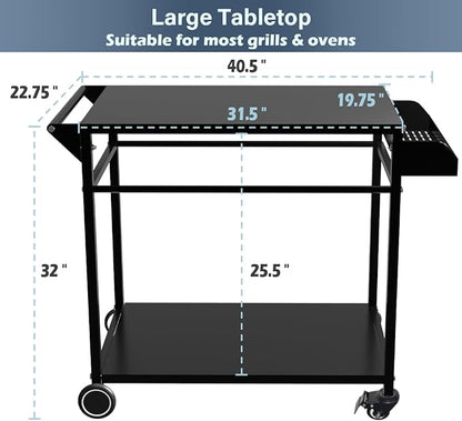 Koutemie Outdoor Grill Cart Table with 4 Wheels for Blackstone 17" or 22", Movable BBQ Food Prep Table Top, Double-Shelf Metal Pizza Oven Worktable with Spice Tray for Patio, Backyard, Black