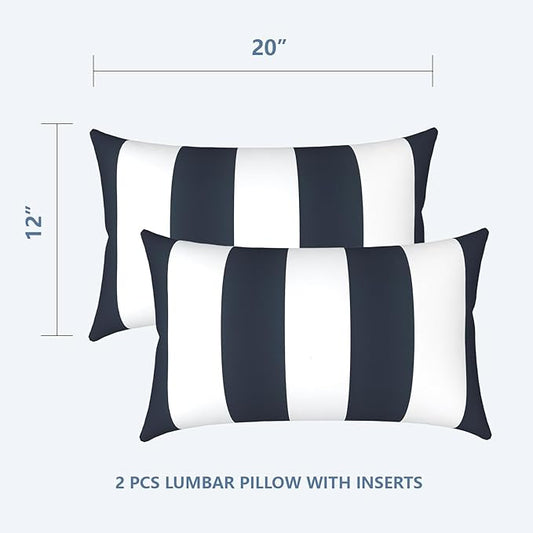 LVTXIII 12×20 Inch Outdoor Lumbar Pillows, Pack of 2 Water Repellent Lumbar Pillow with Inserts, Fluffy Decorative Garden Lumbar Cushions for Home Patio Coach Sofa Use, Cabana Navy