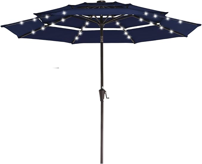 JEAREY 9 ft 3-Tier Outdoor LED Lighted Patio Umbrella w/Crank, Navy | Solar Market Table Umbrella with 8 Sturdy Ribs, UV Protection Waterproof Sunproof for Garden, Deck and Backyard